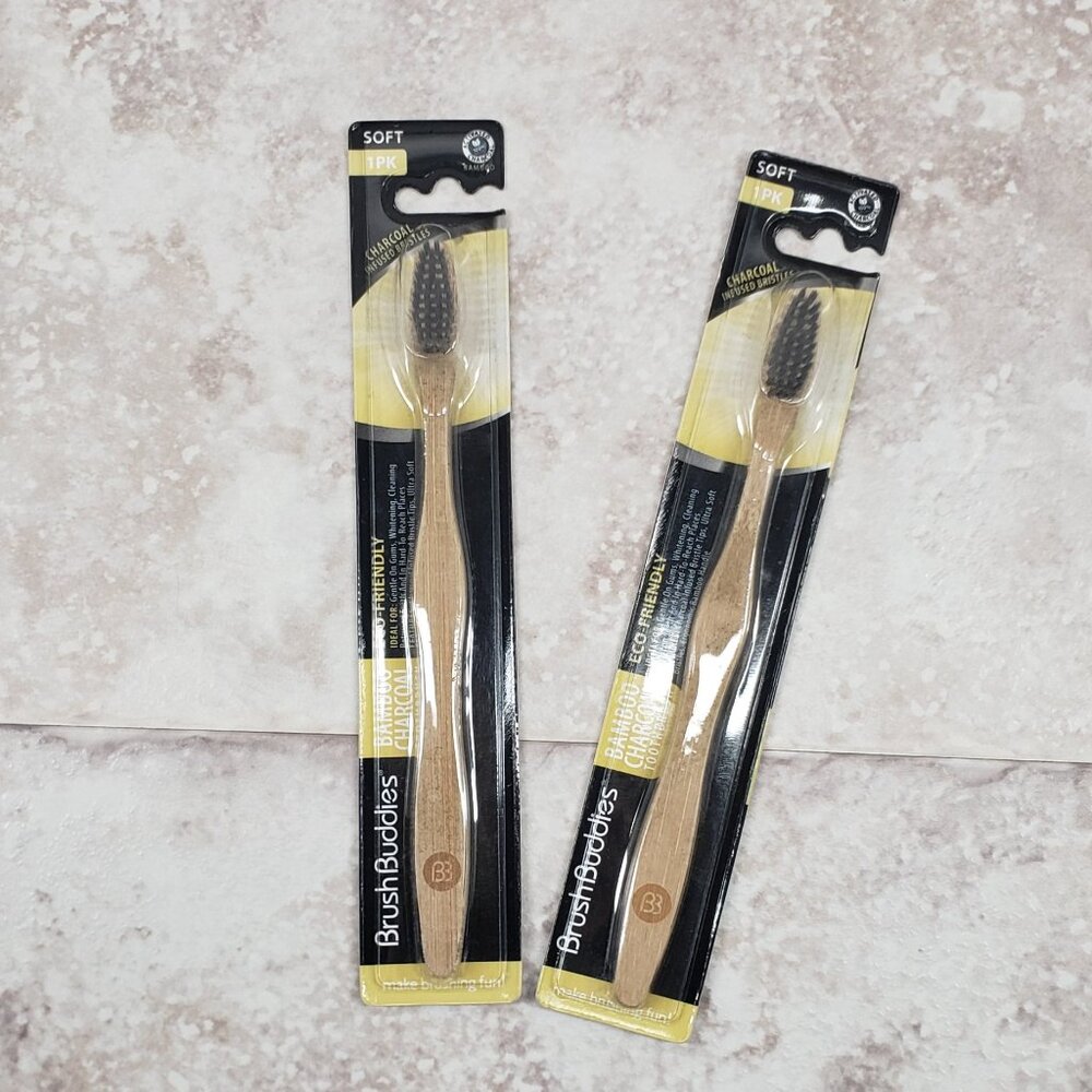 2 Bamboo Brush Buddies Charcoal Ergonomic Eco Friendly Soft Toothbrushes Wooden